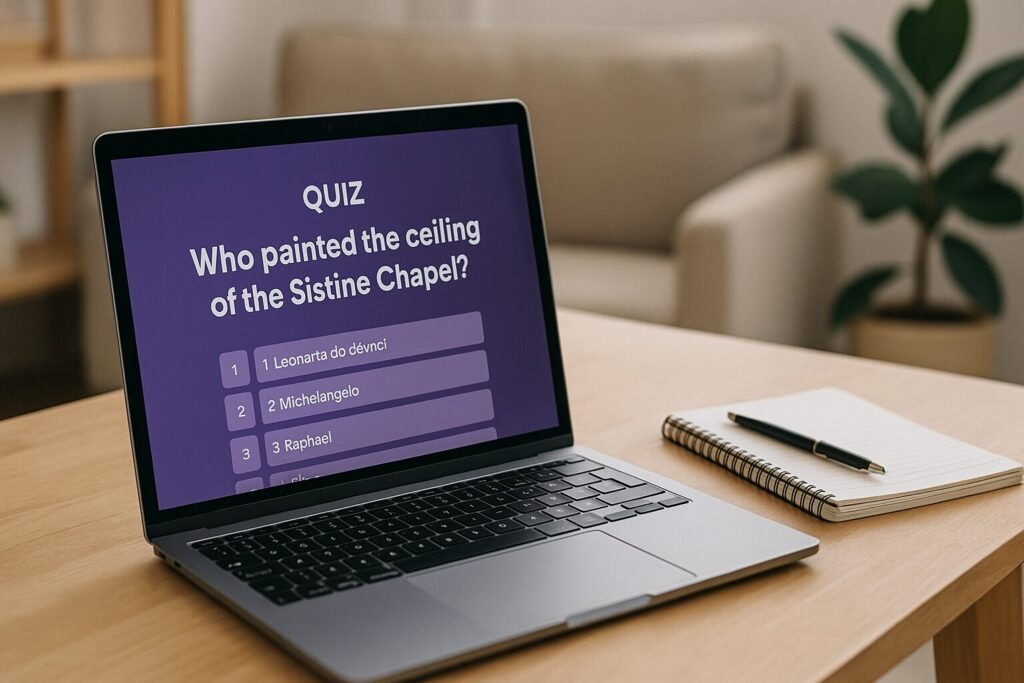 A laptop displaying a quiz question in a casual home setting, with notebook and pen beside it, suggesting user engagement