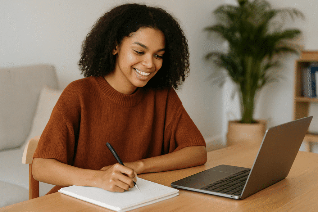 A young African-American woman with curly hair writes in a notebook at a wooden desk with a laptop, preparing notes for conversion into digital products in a bright, cozy home office.