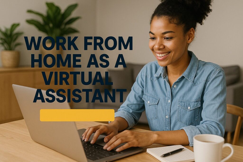A young African American woman multitasking on a laptop and smartphone while providing virtual assistant services remotely.