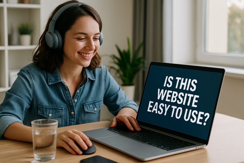 A young Caucasian woman reviewing a website on her laptop for a user experience testing task at home.