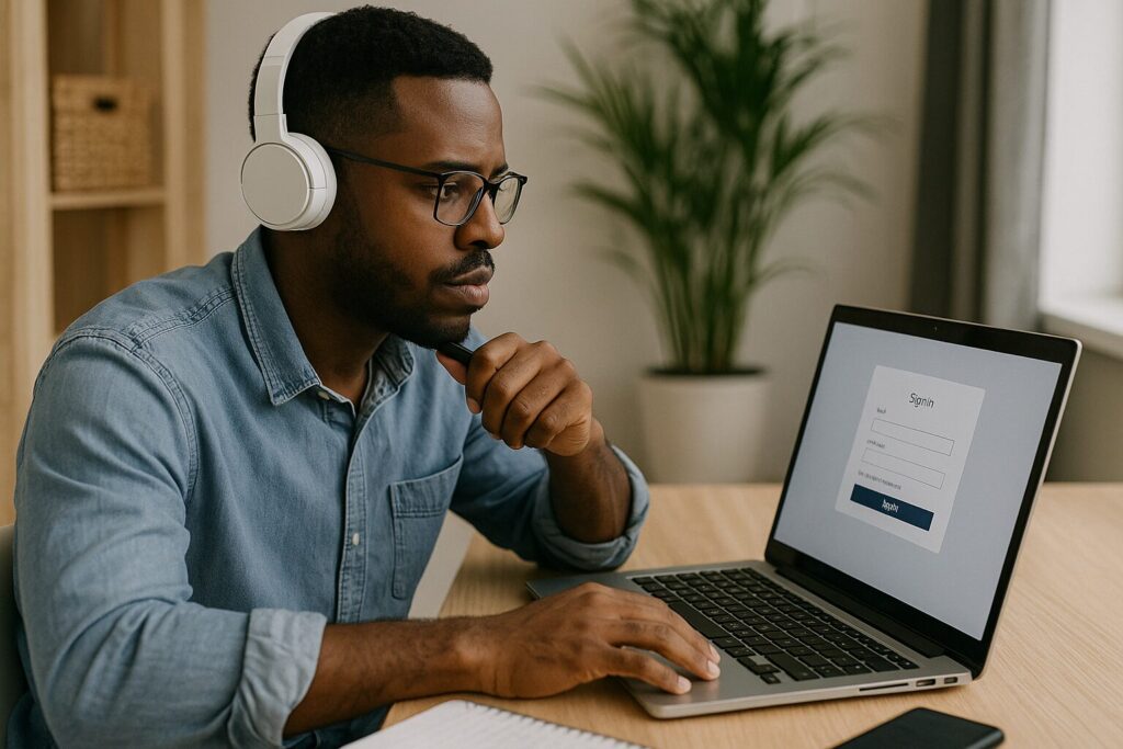 An African American man sitting at his desk performing a paid user experience test with a focused expression.