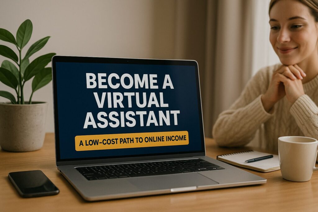A cozy home workspace setup with a laptop, headphones, and planner promoting the concept of becoming a virtual assistant