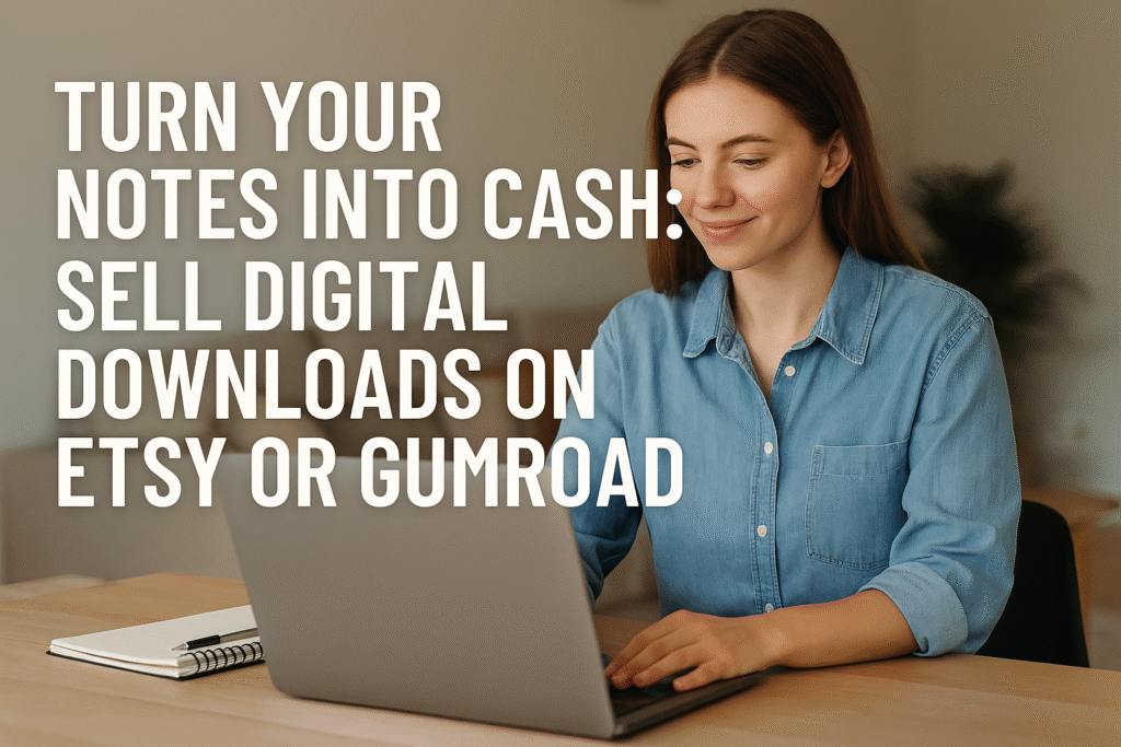 A promotional digital photograph overlaid with the title “Turn Your Notes Into Cash,” showing digital files and icons representing online downloads and eCommerce platforms.