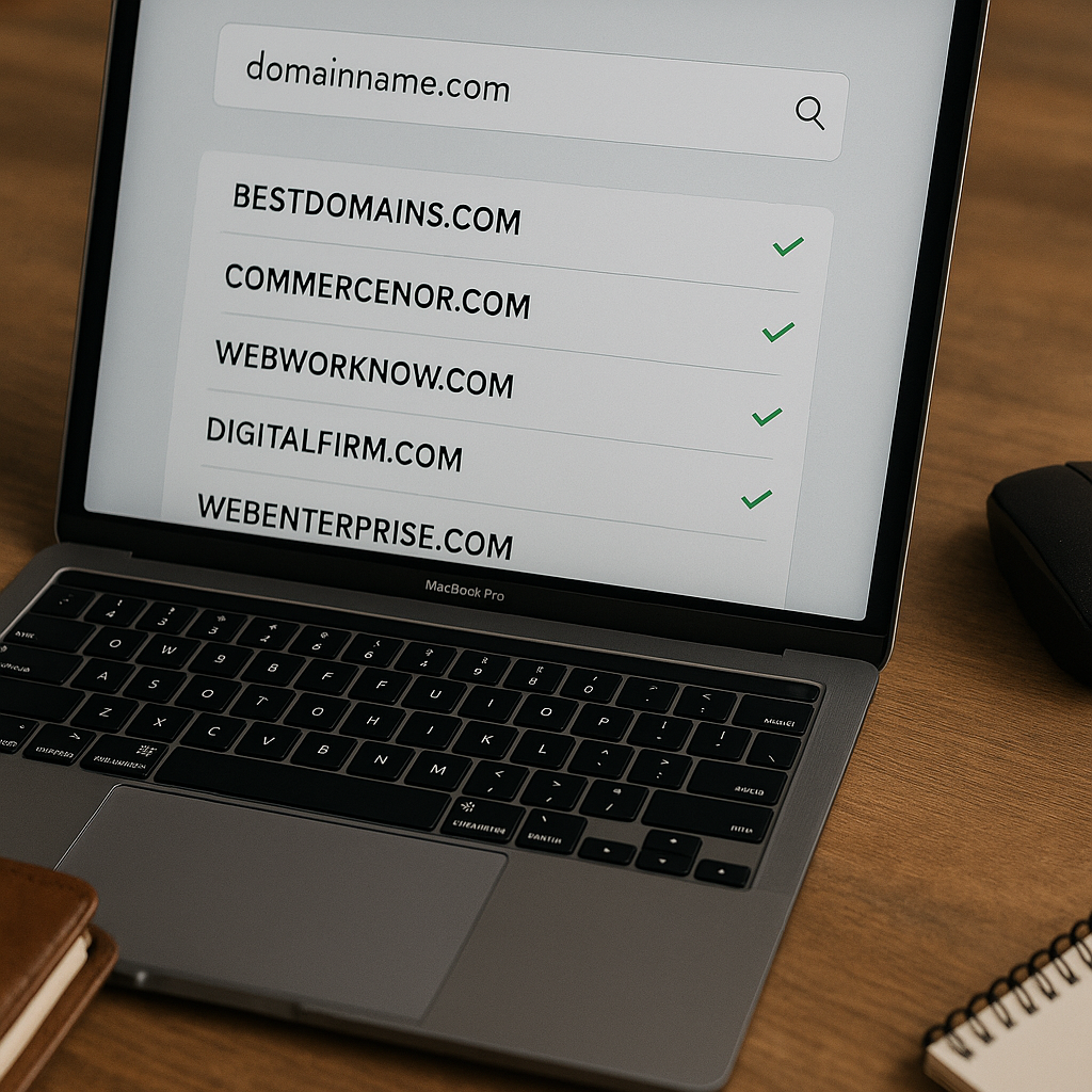 A close-up shot of a laptop screen reveals available domain names, including "DigitalFirm.com" and "WebWorkNow.com", with a black wireless mouse and notebook nearby.