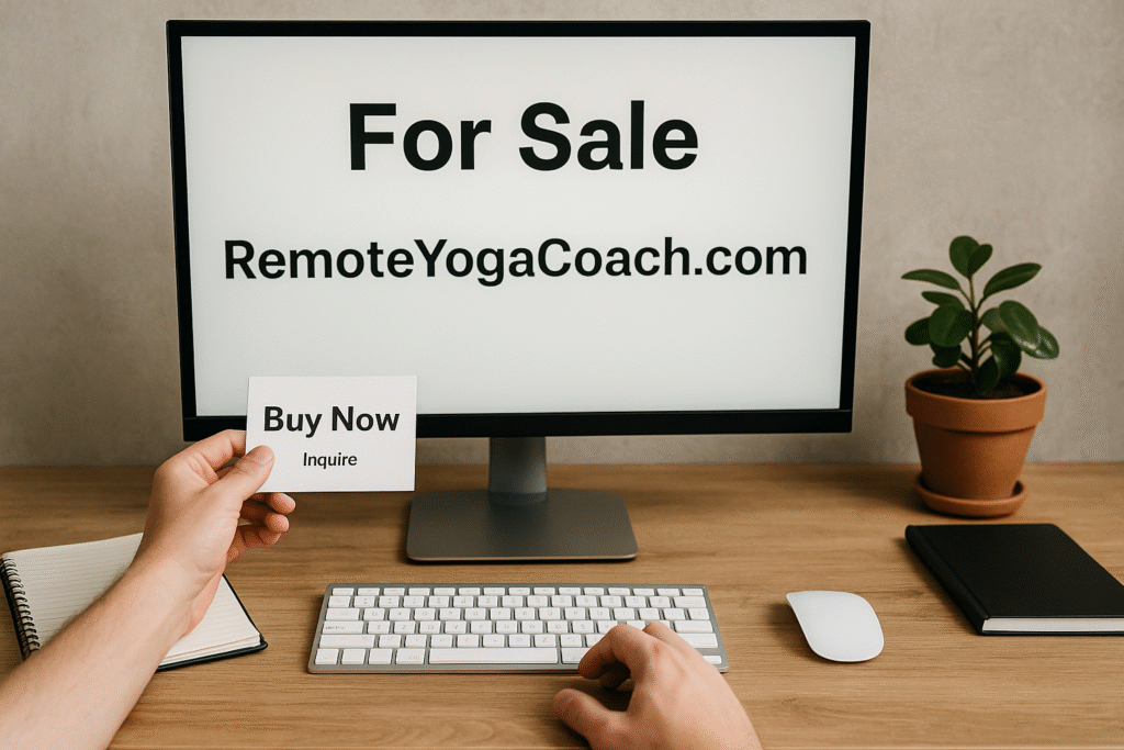 A computer monitor displays the domain "RemoteYogaCoach.com" listed for sale, with a person holding a “Buy Now” card, surrounded by a potted plant, notepad, and keyboard on a wooden desk.