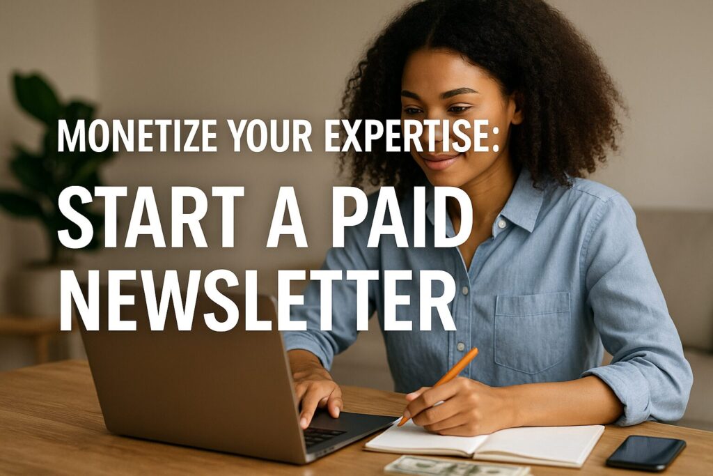 A young African American woman sitting at her desk, crafting a promotional newsletter.
