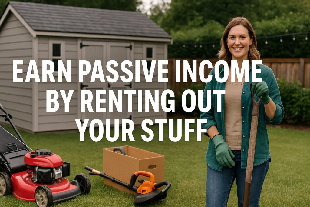 A Caucasian woman with gardening tools near a small shed, preparing outdoor gear for peer-to-peer rental.