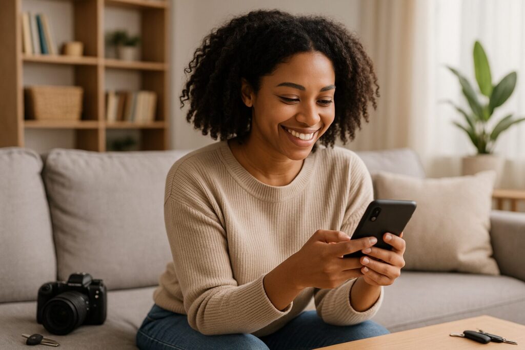A young African American woman smiling while using her smartphone in a cozy living room, listing items for rent online.