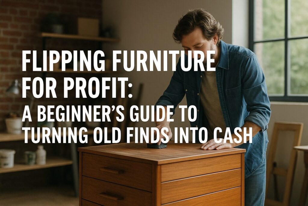A Man sanding a table to restore furniture pieces and sell for profit.