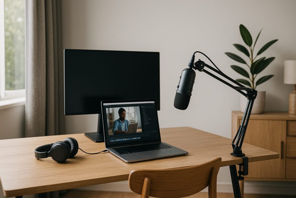 A modern, minimalist home workspace with a laptop, headphones, and microphone setup for creating faceless YouTube videos, focused on screen recording and voiceover production.