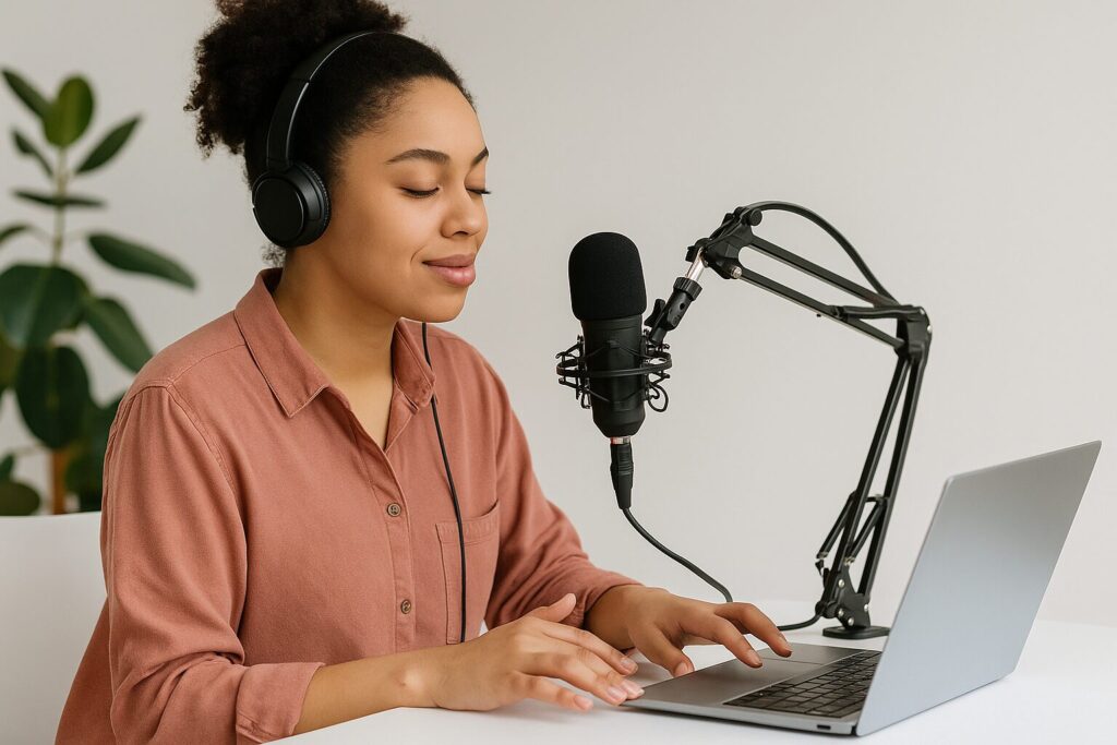 A young African-American woman sitting at a minimalist desk wearing headphones, speaking into a podcast-style microphone, recording voiceovers using her laptop in a home studio setup.