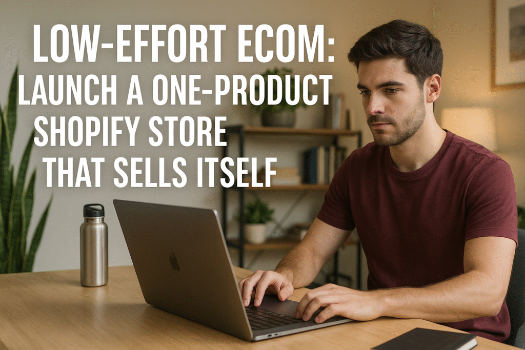 A digital photograph with overlaid title text features a smiling Caucasian man in a bright home office, sitting at a desk with his laptop open—representing a simple one-product Shopify business setup.