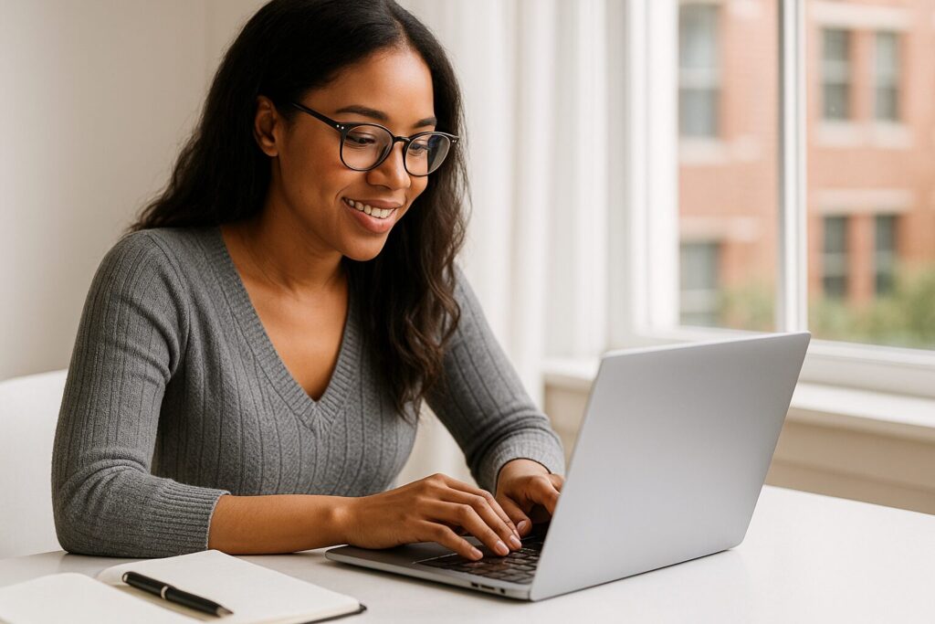A young African American woman working confidently on a laptop in a home office, building her freelance business online.