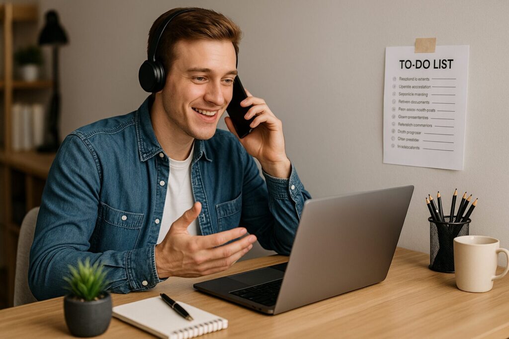 A young Caucasian man speaking on a video call with a client, surrounded by productivity tools and a detailed task list.