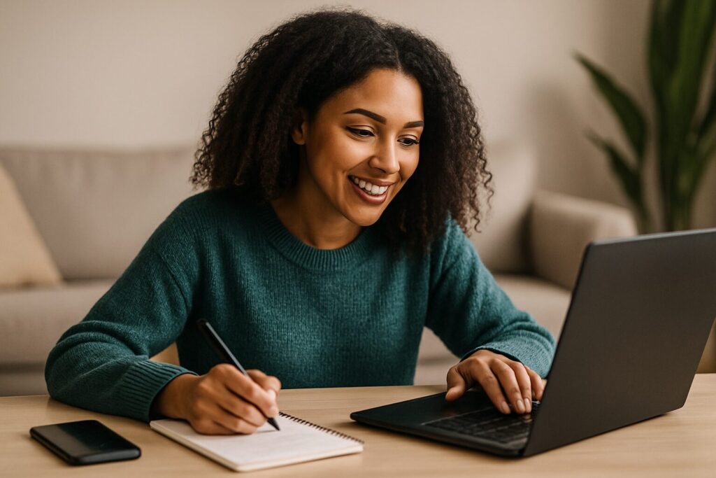 A cheerful African American woman smiling while managing freelance work at her home desk, with a notebook, laptop, and coffee mug