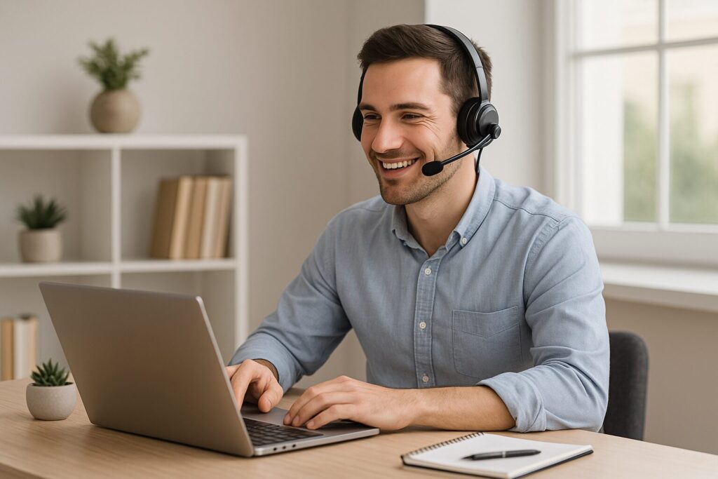 A young Caucasian man in a headset providing virtual customer support services from a clean and modern home office