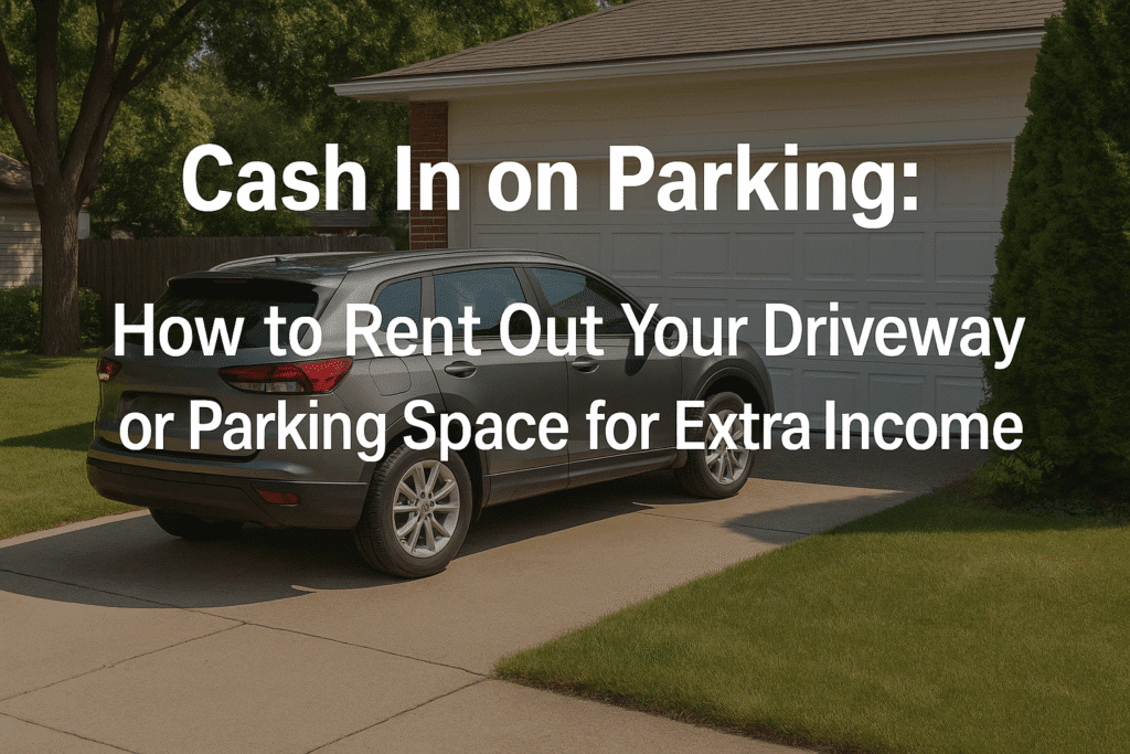 A gray SUV is parked on a clean suburban driveway with the text "Cash In on Parking: How to Rent Out Your Driveway or Parking Space for Extra Income" overlaid on the image.