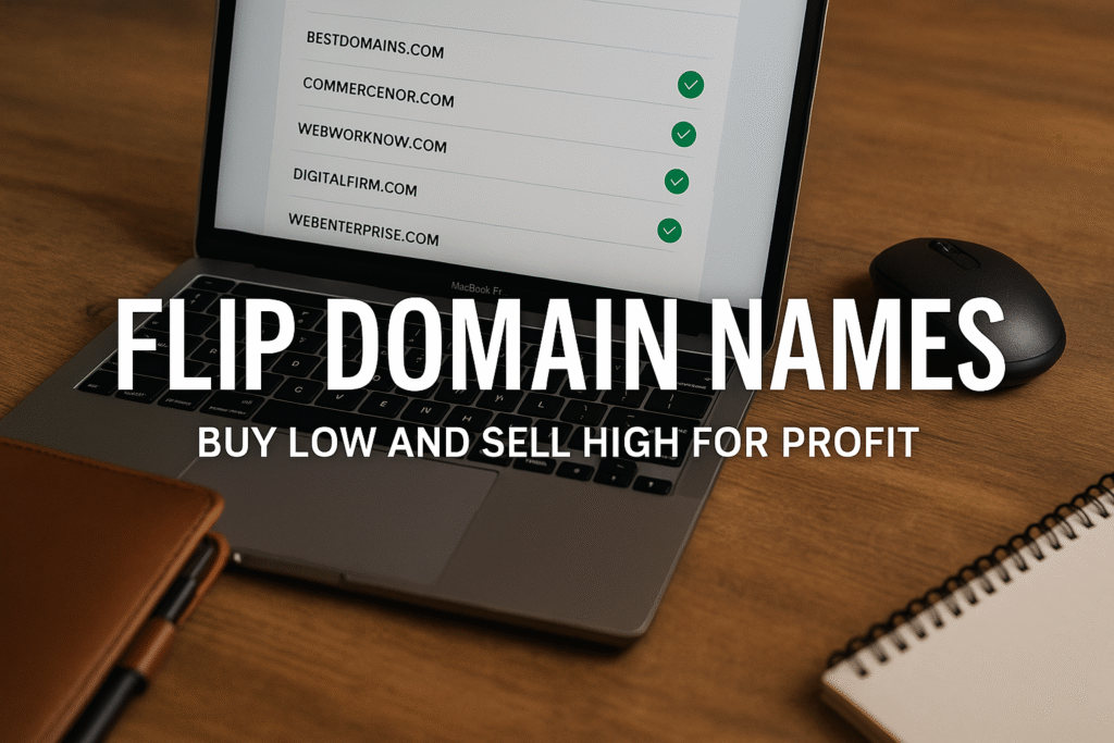 A laptop on a wooden desk displays a list of domain names with checkmarks, overlaid with the title "Flip Domain Names: Buy Low and Sell High for Profit".