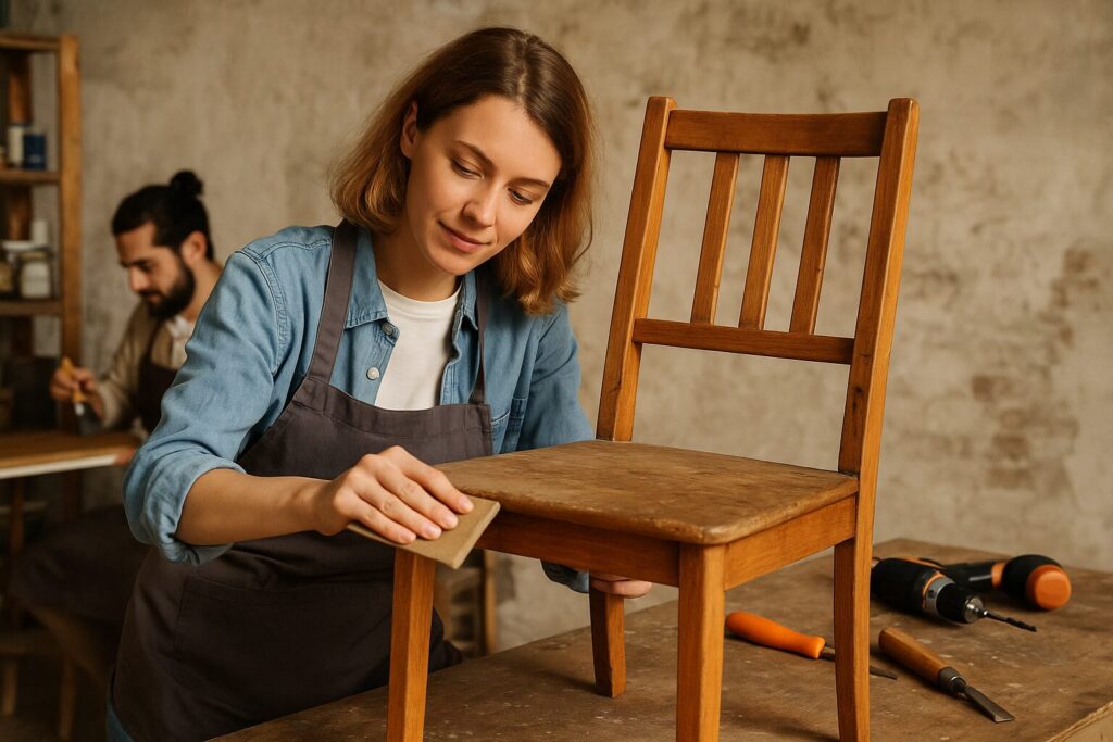 A young Caucasian woman in a denim shirt and apron sanding a wooden chair at a rustic workbench, with tools nearby and a man working in the background.