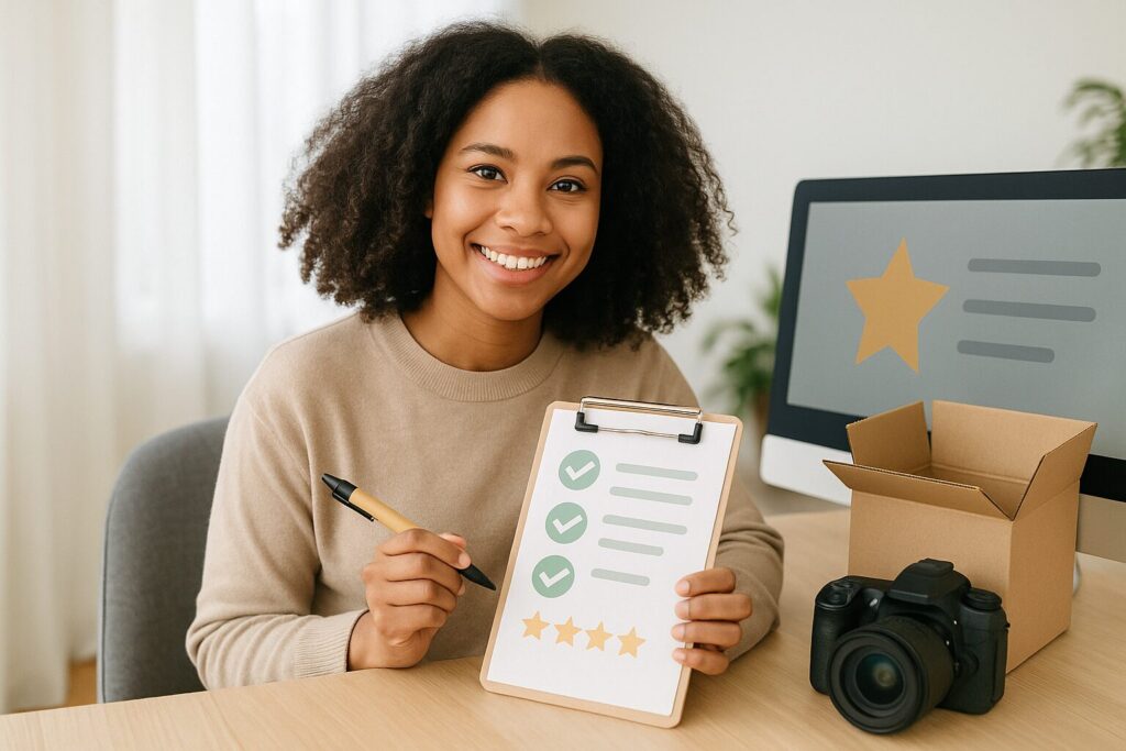 A young African-American woman sitting at a modern home office desk, holding a pen and product survey form with testing equipment nearby.