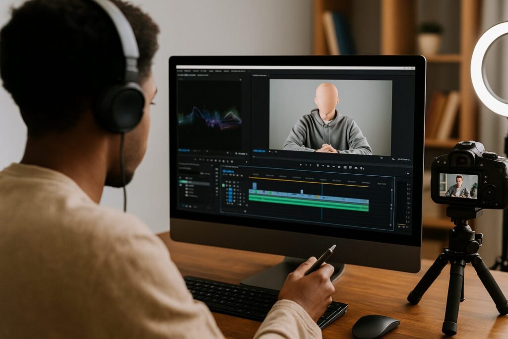 Over-the-shoulder view of a person editing video clips for a faceless YouTube channel using a dual-screen setup in a home office.