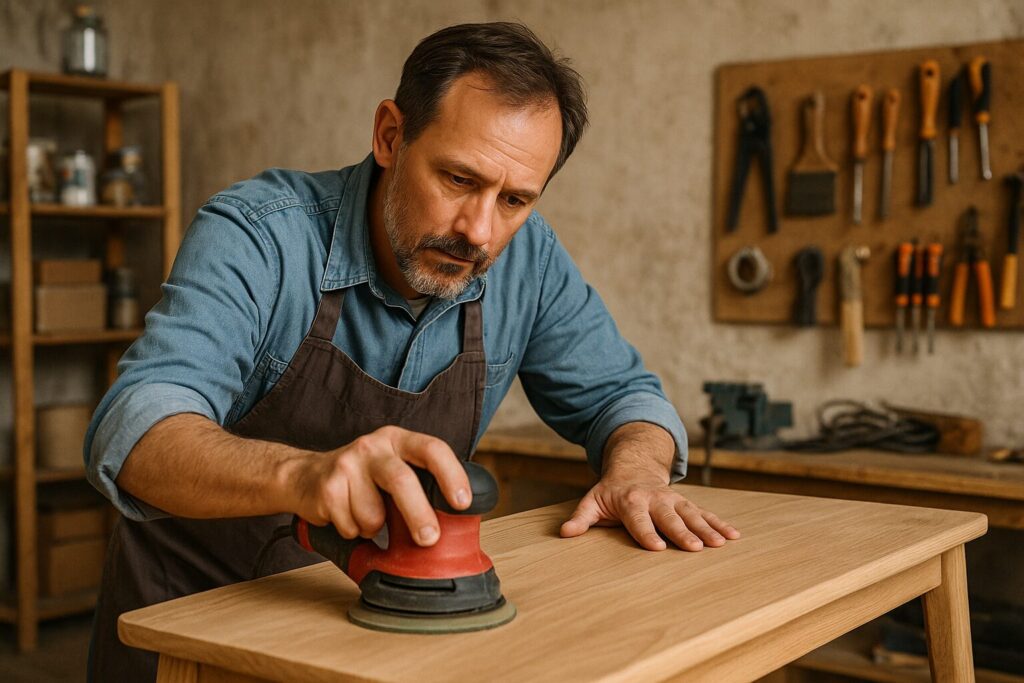 A focused middle-aged man using a red orbital sander to refinish a light wood table, with tools neatly arranged on a pegboard behind him in a cozy workshop.