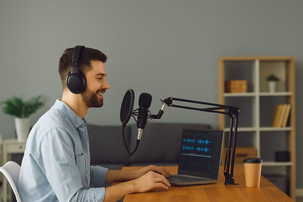 Smiling Caucasian male creator recording in a well-lit home office with a mic, laptop, and bookshelf in the background.