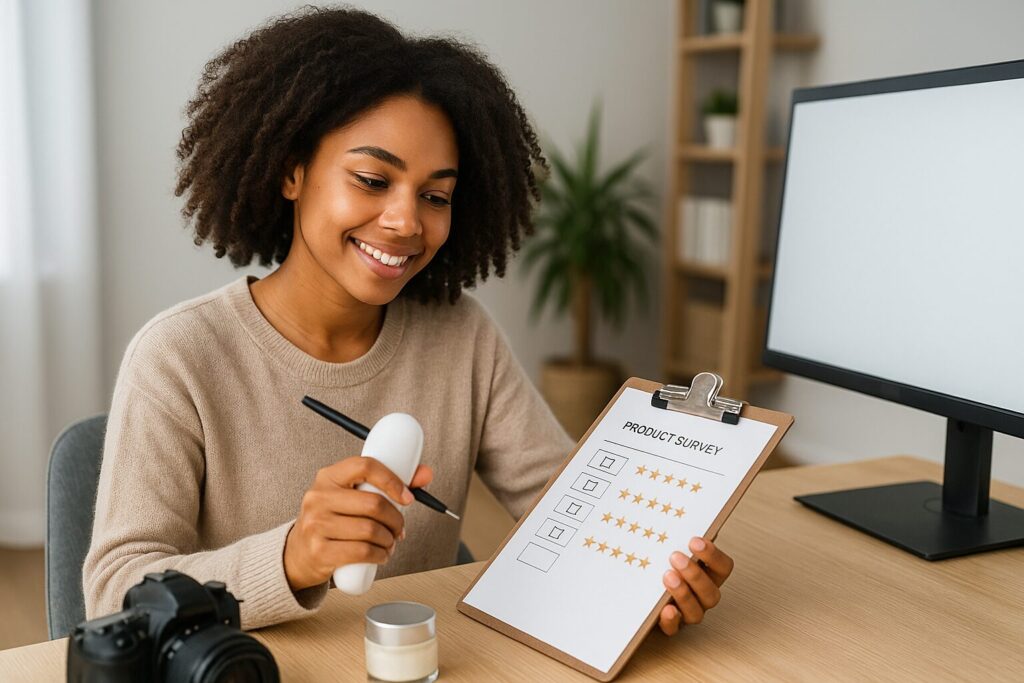A young African-American woman smiling at a desk while holding a feedback form with checkmarks and stars, next to a computer, camera, and cardboard box.