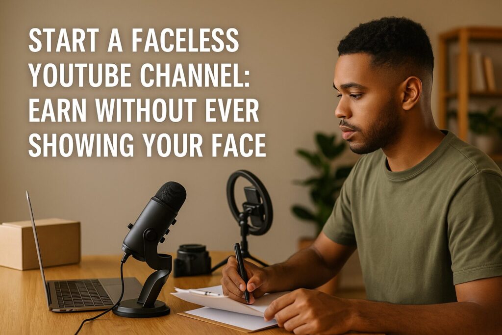 A photo-realistic workspace showing a modern desk setup with editing tools, microphone, and studio lighting, promoting faceless YouTube channel creation.