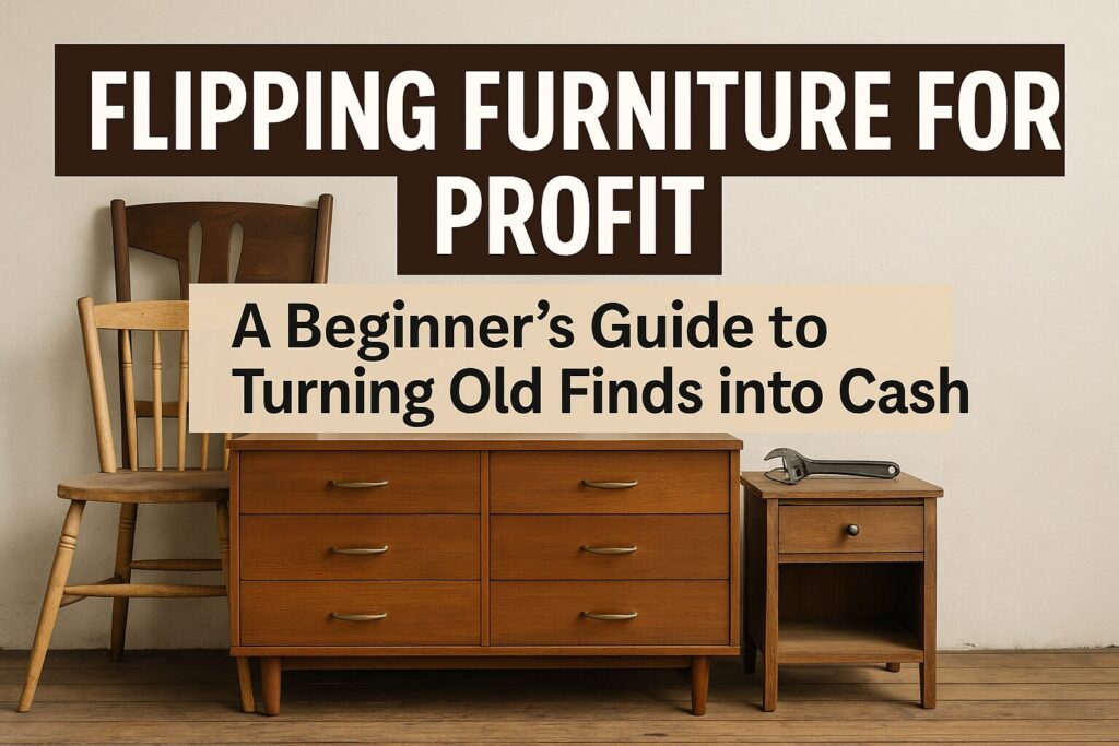 A featured graphic displaying the title “Flipping Furniture for Profit: A Beginner’s Guide to Turning Old Finds into Cash,” with vintage wooden furniture arranged against a neutral wall.