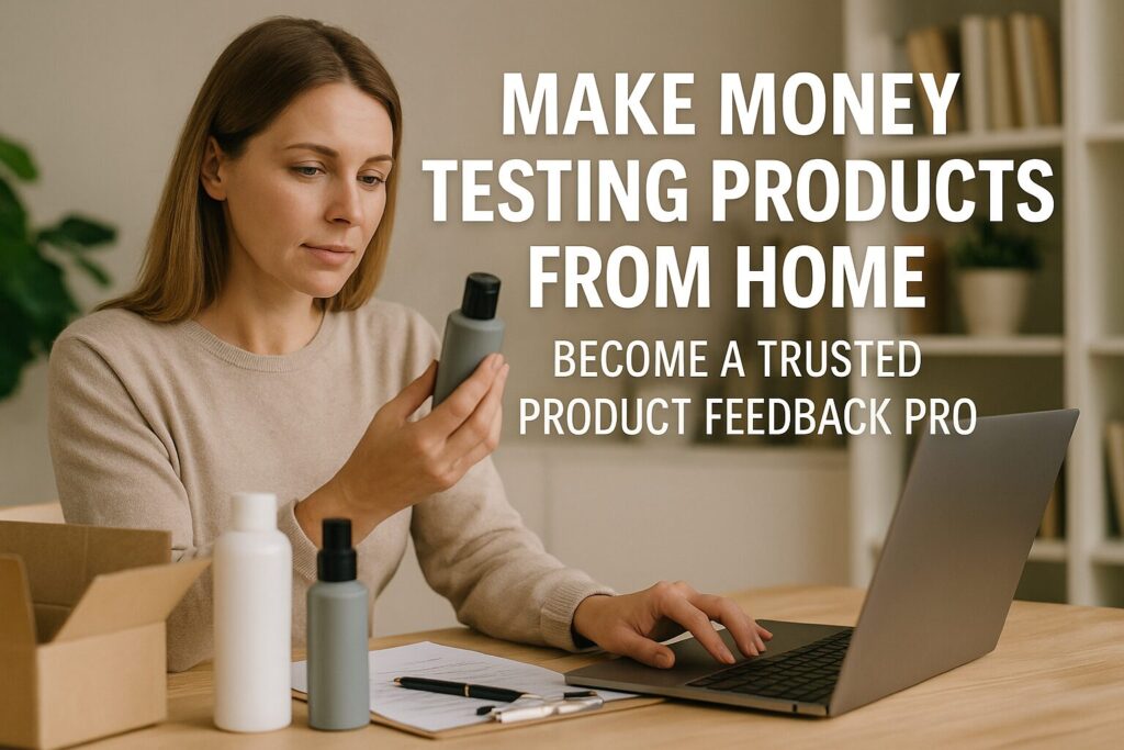 feature image with a real person testing products and the title: Make Money Testing Products From Home: Become a Trusted Product Feedback Pro