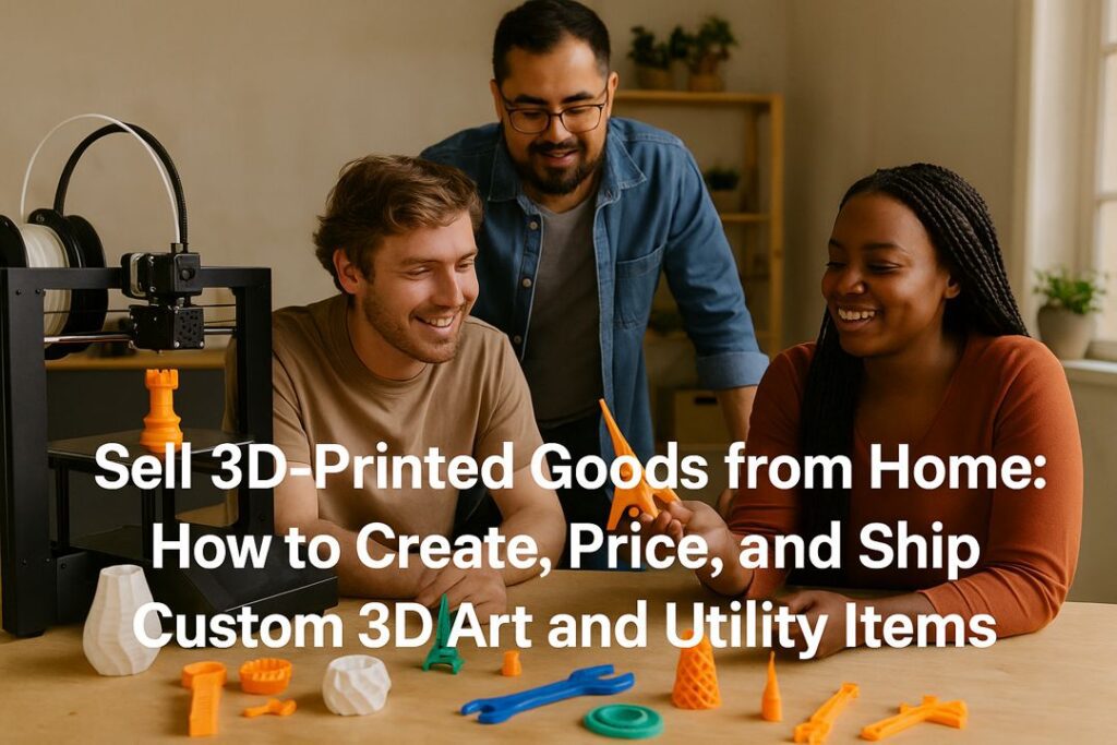 Three diverse individuals working together in a cozy home workshop, reviewing custom 3D printed items.