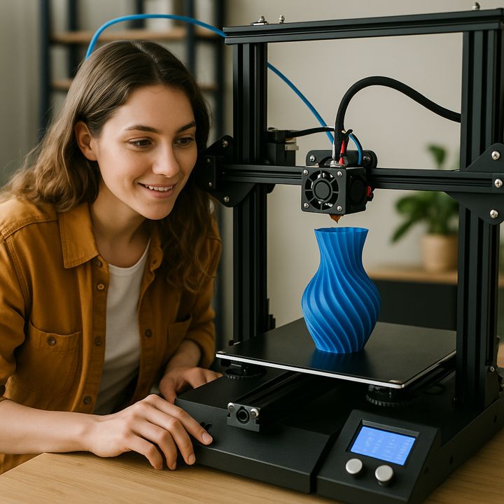 A young Caucasian woman smiling while overseeing a 3D printer producing a vibrant blue vase.