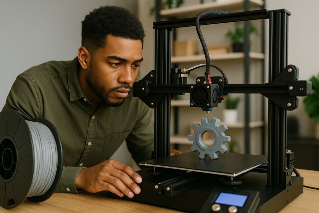 A young African-American man carefully watching a 3D printer create a detailed gray gear in a well-lit workspace.