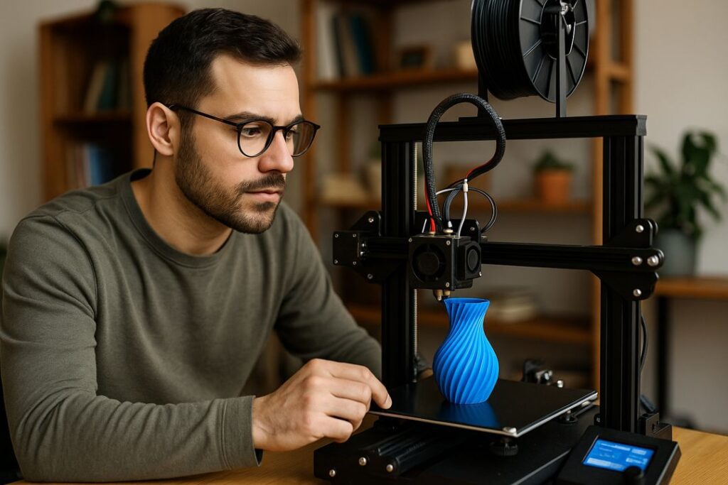 A young man in glasses adjusting a 3D printer as it produces a blue ribbed vase in a home workshop.