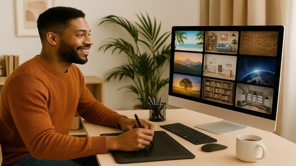 Creative professional using a tablet and laptop to edit and design vibrant virtual backgrounds for video calls.