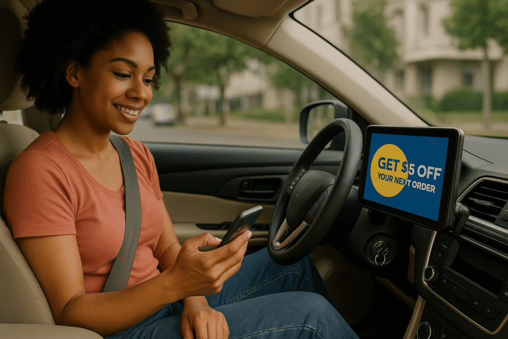 African American woman smiling while driving with a dashboard-mounted tablet showing an ad offer.