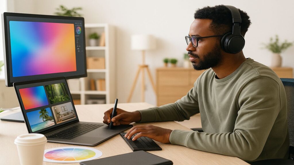 African American man working with a drawing tablet, designing digital virtual backgrounds displayed on his computer screen.