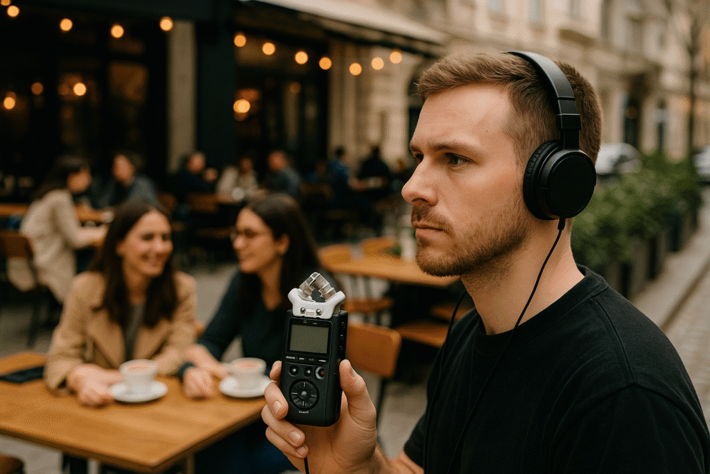 Young man with headphones holding a portable audio recorder outside a café, capturing urban ambience.