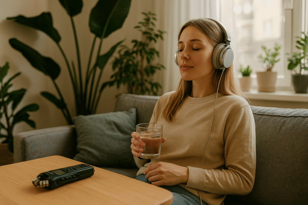 Young woman with headphones enjoying recorded ambient sounds at home, with a portable audio recorder placed on the table.