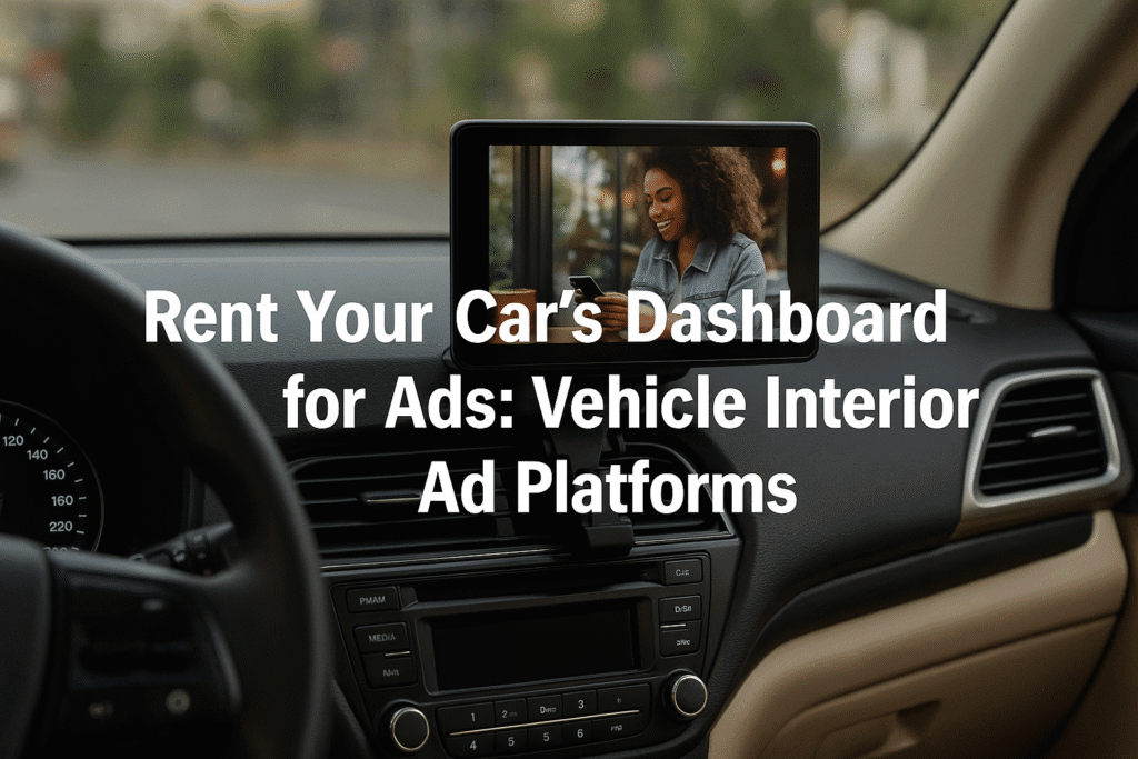 Car interior with a mounted digital tablet on the dashboard displaying an advertisement, illustrating vehicle ad platforms