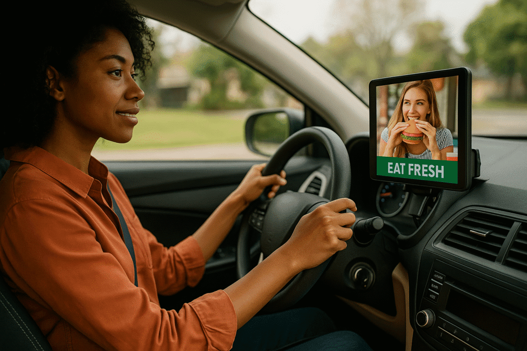 Woman driving with a dashboard-mounted tablet displaying a restaurant ad, demonstrating passive dashboard advertising.