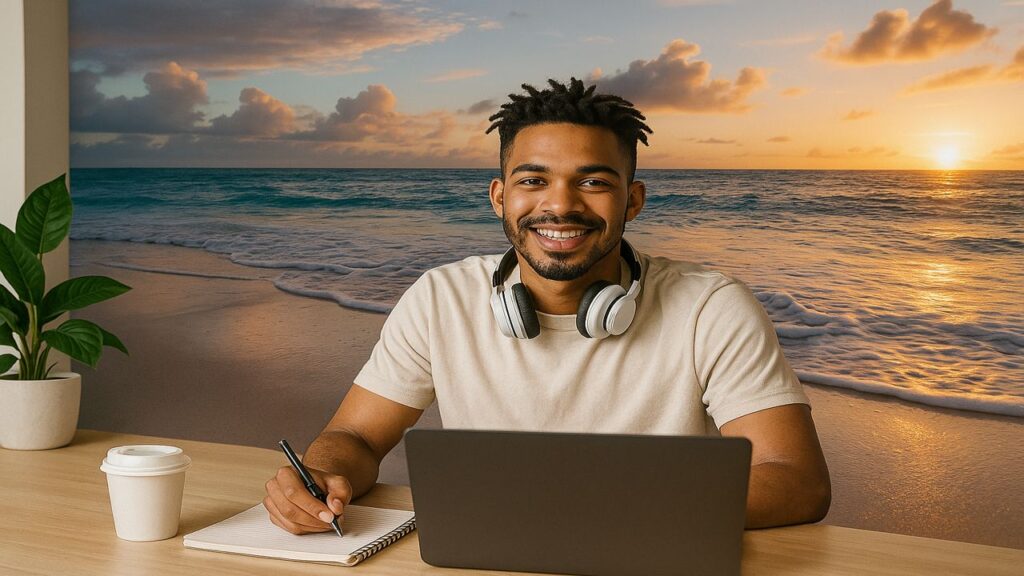 Smiling man on a laptop video call with a virtual background of a tropical beach sunset.