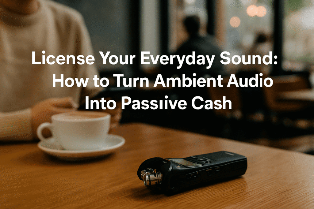 Portable audio recorder on a café table with coffee and blurred patrons in the background, representing recording ambient sounds for passive income.