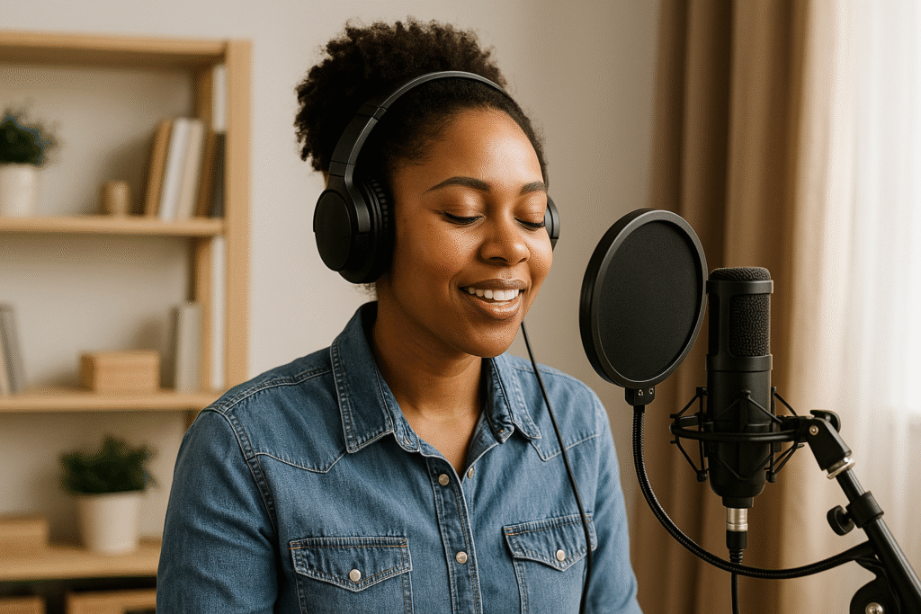 A smiling African American woman sits at a microphone with headphones on, recording voice samples for AI applications at home.
