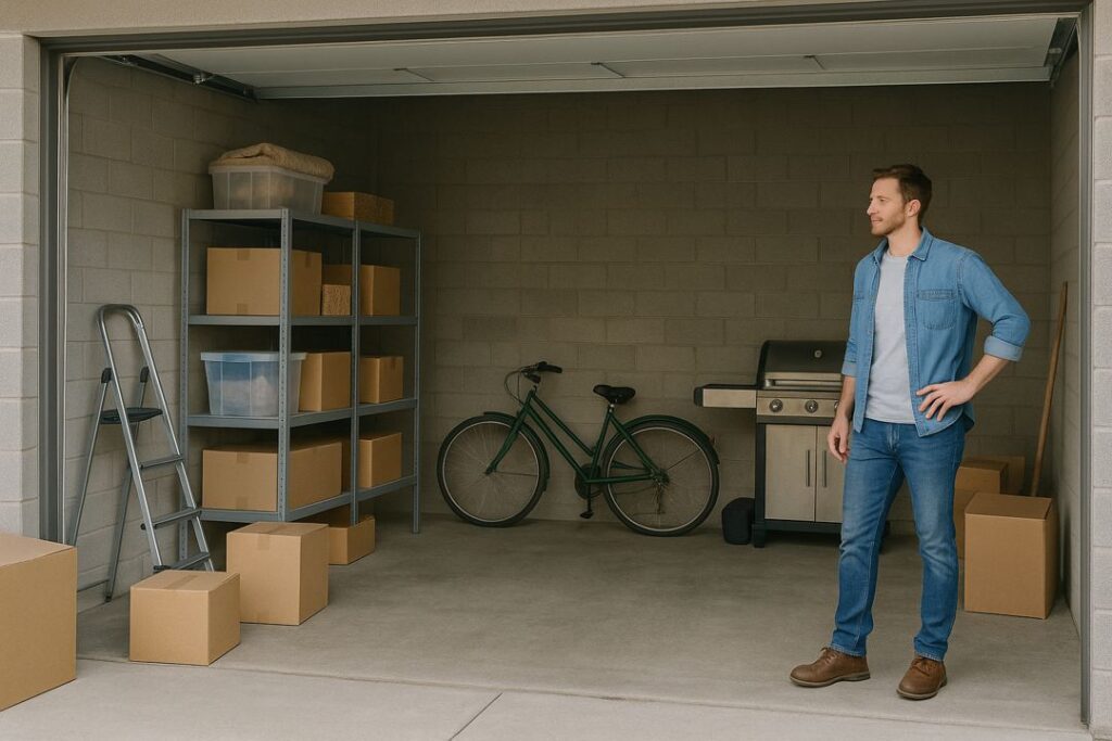 A spacious suburban garage with labeled bins and shelves, perfectly suited for listing as rentable storage space.