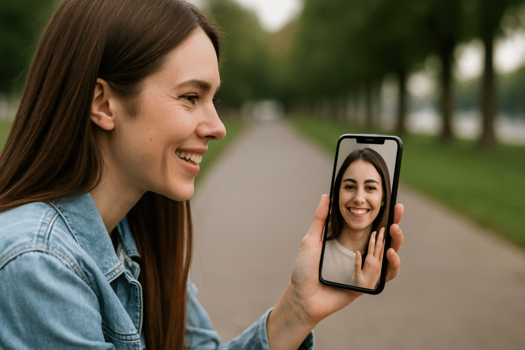 Two young women smile during a video call, one holding her phone in a sunny park while the other waves on screen.