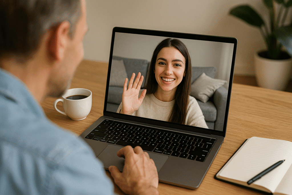 A person chats with a friend via laptop in a cozy home office, with a coffee mug, notepad, and modern lighting in view.