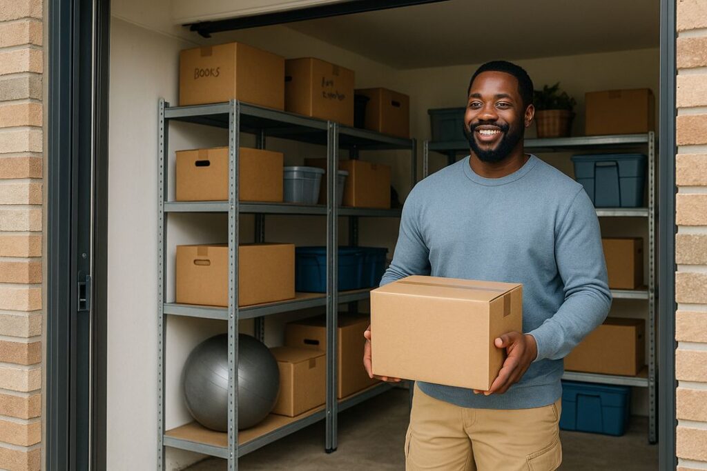 An African American man smiles proudly in his organized garage, preparing to earn passive income by offering it as storage.