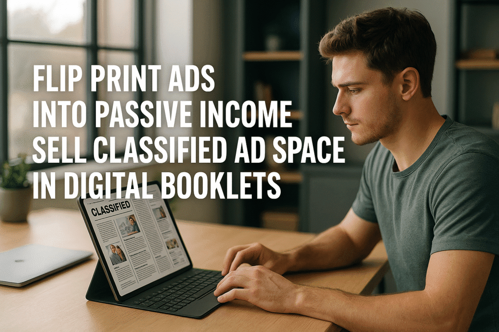 A young man at a desk uses a laptop and graphic tools to create a clean layout for digital classified ads.